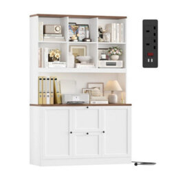 White Tall Bookcase With Power Outlets Filing Cabinet With Drawers For A4/letter Files - thumbnail 1