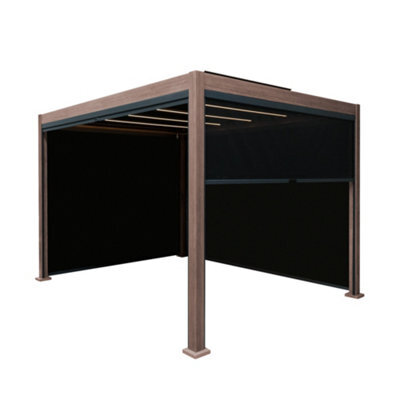 MonsterShop Metal Pergola 3M X 3M Wood Effect With 4 Retractable Mesh Blinds & Led Lights Tilting Canopy Roof Aluminium Outdoor Garden Gazebo - image 1