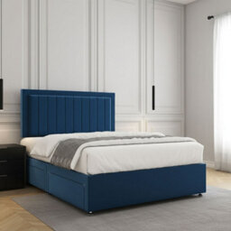 REGIONAL FURNISHINGS Blue Plush Velvet Divan Bed Set Upholstered 24Inch Headboard & Mattress No Drawers In Single Double King 4Ft6 6Ft Sizes - thumbnail 2