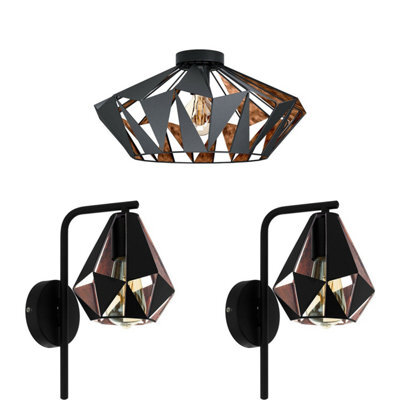 Stylish Low Ceiling Light With 2 Matching Black And Copper Wall Lights - image 1