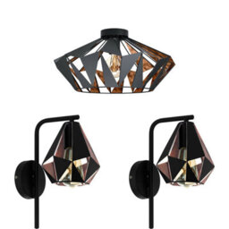 Stylish Low Ceiling Light With 2 Matching Black And Copper Wall Lights - thumbnail 1