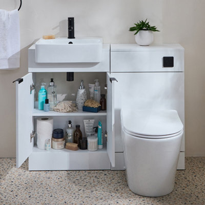Homestylestore 1050mm White Bathroom Combination Vanity Wc Unit With Toilet Pan And Black Finger Pull Handle - image 1
