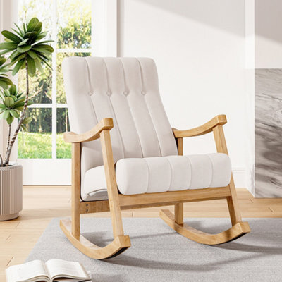 Thehotsale Upholstered Rocking Chair With Velvet Padded Seat Comfortable Rubberwood And High Back Armchair Beige For Living Room - image 1