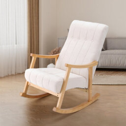 Thehotsale Upholstered Rocking Chair With Velvet Padded Seat Comfortable Rubberwood And High Back Armchair Beige For Living Room - thumbnail 2