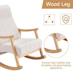 Thehotsale Upholstered Rocking Chair With Velvet Padded Seat Comfortable Rubberwood And High Back Armchair Beige For Living Room - thumbnail 3