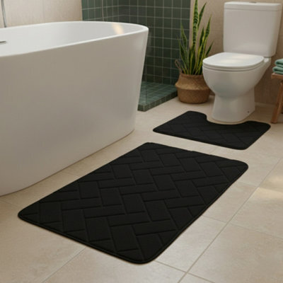2 Piece Block Design Memory Foam Bath Mat Set Soft Absorbent Non-Slip Bathroom Black - image 1