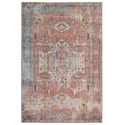 Loomed Distressed Terracotta Blue Persian Style Washable Non Slip Rug 80X150Cm - image 1