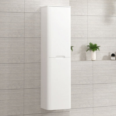 Royal Bathrooms Venice 1400 X 350mm Gloss White 2-Door Groove Handle Wall Hung Tall Boy Bathroom Cabinet Storage Cupboard Unit - image 1
