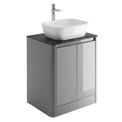 Plum&clay Mayfair Gloss Light Grey Freestanding Bathroom Vanity Unit With Black Slate Countertop (W)650mm (H)745mm - image 1