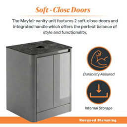 Plum&clay Mayfair Gloss Light Grey Freestanding Bathroom Vanity Unit With Black Slate Countertop (W)650mm (H)745mm - thumbnail 4