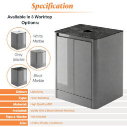 Plum&clay Mayfair Gloss Light Grey Freestanding Bathroom Vanity Unit With Black Slate Countertop (W)650mm (H)745mm - thumbnail 5