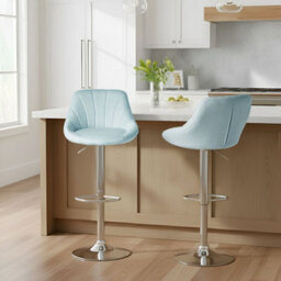 Wyld and Coco Light Blue Fabric Bar Stool Set Of 2 With Silver Iron Feet, Adjustable 360 Swivel, 83-107 Cm Height. - thumbnail 2