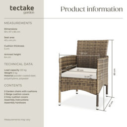 Tectake Garden Chair Nantes Set Of 2 - Weather & Uv-Resistant, 2 Sets Of Cushion Covers - Nature/dark Grey - 2 - thumbnail 6
