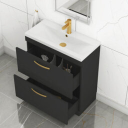 Royal Bathrooms Turin 800mm Floor Standing Vanity Unit Matt Black 2 Drawer Mid-Edge Basin With Brushed Brass Handles - thumbnail 5