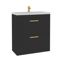 Royal Bathrooms Turin 800mm Floor Standing Vanity Unit Matt Black 2 Drawer Mid-Edge Basin With Brushed Brass Handles - thumbnail 6