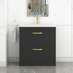 Royal Bathrooms Turin 800mm Floor Standing Vanity Unit Matt Black 2 Drawer Mid-Edge Basin With Brushed Brass Handles - thumbnail 1