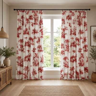 "Smart Living Safari Toile Curtains Pair With Tie Backs - African Wildlife Print- Red - 66""x72""" - image 1