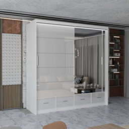 M N Furniture Ltd Wardrobe With Led Light Modern 2 Or 3 Sliding Doors-Mirrored Bedroom Cabinet With Drawers (White,150Cm)