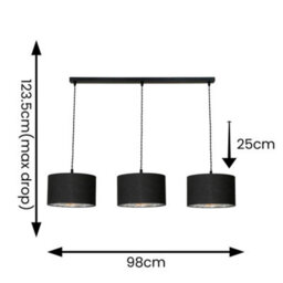 Valuelights Reni Black & Chrome Drum Shade 3 Drop Bar Black Diner Ceiling Pendant Light - thumbnail 7
