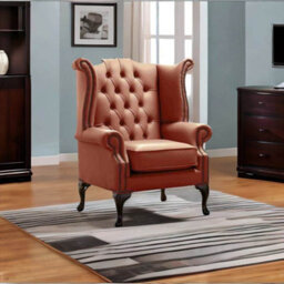 Chesterfield High Back Wing Chair Shelly Spice Leather Bespoke In Queen Anne Style - thumbnail 2
