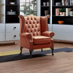 Chesterfield High Back Wing Chair Shelly Spice Leather Bespoke In Queen Anne Style - thumbnail 3