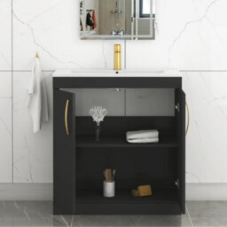 Royal Bathrooms Turin 800mm Floor Standing Vanity Sink Unit Matt Black 2 Door Minimalist Basin With Brushed Brass Handles - thumbnail 5