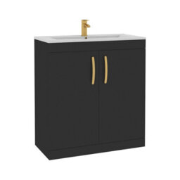 Royal Bathrooms Turin 800mm Floor Standing Vanity Sink Unit Matt Black 2 Door Minimalist Basin With Brushed Brass Handles - thumbnail 6