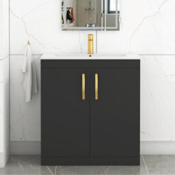 Royal Bathrooms Turin 800mm Floor Standing Vanity Sink Unit Matt Black 2 Door Minimalist Basin With Brushed Brass Handles - thumbnail 1