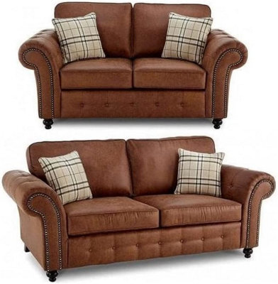 Oakland Brown Faux Leather Chesterfield 3+2 Seater Sofa - High Back Cushion Sofa For Living Rooms - image 1