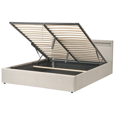 Beliani Ottoman Bed With Led Fabric Armelle 160 X 200 Cm (Eu King Size) Beige - image 1