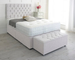 Slumbre Chesterfield Chenille Divan Bed, With Pocket Mattress & Ottoman Storage Box - 6Ft Super King - Ivory - 4 Drawers