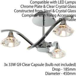 Semi Flush Ceiling Light Chrome Clear Crystal 3 Bulb Hanging Pendant Lamp Shade - thumbnail 2