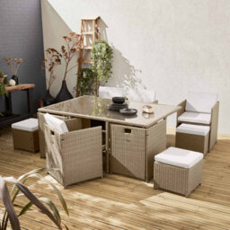 Sweeek - 6 To 10-Seater Rattan Cube Table Set With Chairs Beige 110X110X73 Cm - Vabo 10 - thumbnail 6