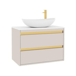 Royal Bathrooms Orion 800mm Warm Taupe Wall Hung Plain White Countertop Vanity Unit 2 Drawer With Cesar Basin & Brushed Brass Accent Trim - thumbnail 6
