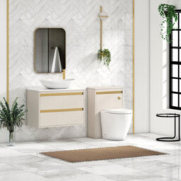Royal Bathrooms Orion 800mm Warm Taupe Wall Hung Plain White Countertop Vanity Unit 2 Drawer With Cesar Basin & Brushed Brass Accent Trim - thumbnail 3