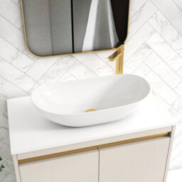 Royal Bathrooms Orion 800mm Warm Taupe Wall Hung Plain White Countertop Vanity Unit 2 Drawer With Cesar Basin & Brushed Brass Accent Trim - thumbnail 5