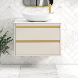 Royal Bathrooms Orion 800mm Warm Taupe Wall Hung Plain White Countertop Vanity Unit 2 Drawer With Cesar Basin & Brushed Brass Accent Trim - thumbnail 1