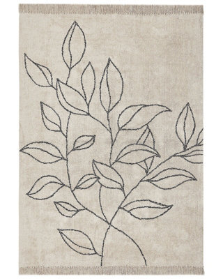 Wyld And Coco Luxnest 160 X 230 Cm Cotton Area Rug Beige With Black Minimalist Tufted Floral Pattern Fringed - image 1