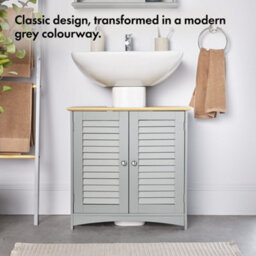 Vonhaus Under Sink Bathroom Cabinet, Grey Bathroom Sink Cupboard, Wood Effect Top, Under Basin Cabinet, 2 Internal Shelves - thumbnail 2