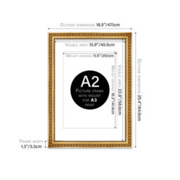 A2 Gold Ornate Picture Frame (59.4 X 42Cm) With Mount For A3 Poster, Photo, Artwork, Gallery Wall Or Print - thumbnail 2