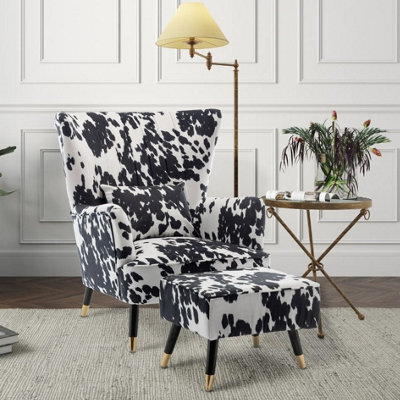 Cow Print Fabric Accent Chair With Footstool - image 1