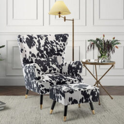 Cow Print Fabric Accent Chair With Footstool