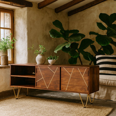 Wyld Haus Bandung Wide Tv Media Unit - Dark Mango Wood With Gold Inlays, 2 Shelves 2 Doors - image 1