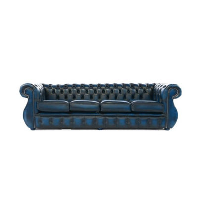 Chesterfield 4 Seater Sofa Antique Blue Real Leather In Kimberley Style - image 1