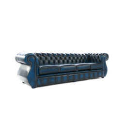 Chesterfield 4 Seater Sofa Antique Blue Real Leather In Kimberley Style - thumbnail 3