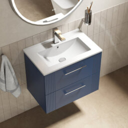 Balterley Belvide Partial Fluted 2 Drawer Wall Hung Vanity Unit With 1 Tap Hole Minimalist Basin - 600mm - Satin Blue - thumbnail 5