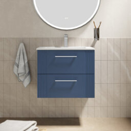 Balterley Belvide Partial Fluted 2 Drawer Wall Hung Vanity Unit With 1 Tap Hole Minimalist Basin - 600mm - Satin Blue - thumbnail 2