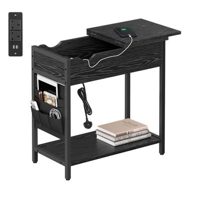Vasagle Slim Side Table With Charging Station, Narrow Bedside Storage, End Usb Ports, Outlets, Fabric Bags, For Living Room