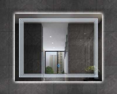 Biznest 70X50Cm Led Rectangle Line Style Lighted Bathroom Wall Mirror White Light Touch Switch With Fog Pad Backlit L095