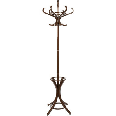 Keypak Wooden Hat & Coat Stand With Umbrella Holder 185Cm, 12 Hooks Freestanding Coat Rack, Rotating Top Tier, Walnut Effect - image 1